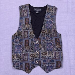VTG AGAPO COLLECTION Womens M Tapestry Print Vest Geometric Pattern Button Front
